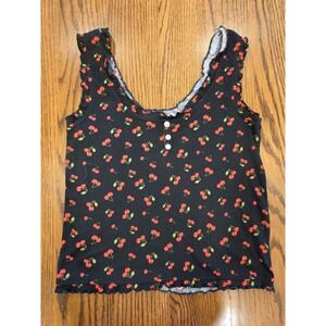 Cherry Print Tank Top Women's Medium Y2K Baby Tee Style Lettuce‎ Hem Cami